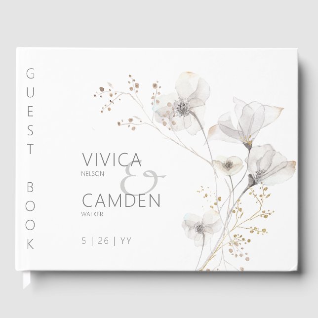 Delikat Modern White Grått och Guld Blommigt Bröll Gästböcker (Framsida)