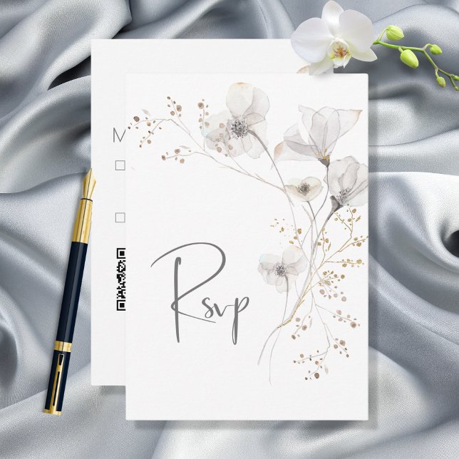 Delikat Modern White Grått och Guld Blommigt Bröll OSA Kort (Skapare uppladdad)