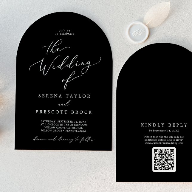 Delikat Mörk Black QR-kod Boho Arch Bröllop Inbjudningar (Delicate Dark Black QR Code Boho Arch Wedding Invitation)