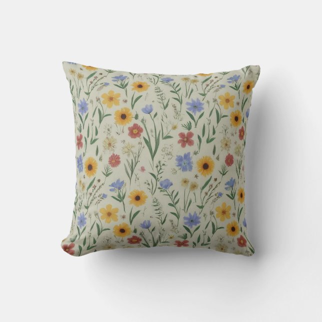 Delikat Pastel Meadow Wildblombotaniska Motif Kudde (Framsida)