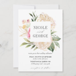 Delikat Peony Guld Geometric Watercolor bröllop Inbjudningar