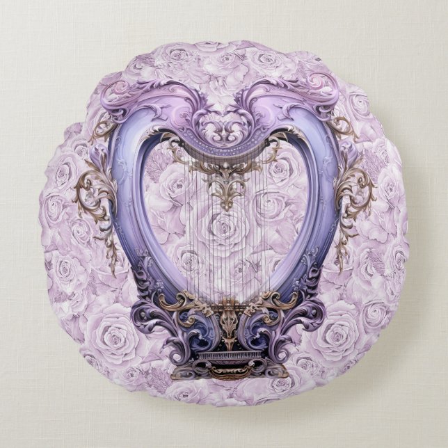 Delikat Rococo Lilac Lyra Harp Cotton Rund Kudde (Framsidan)