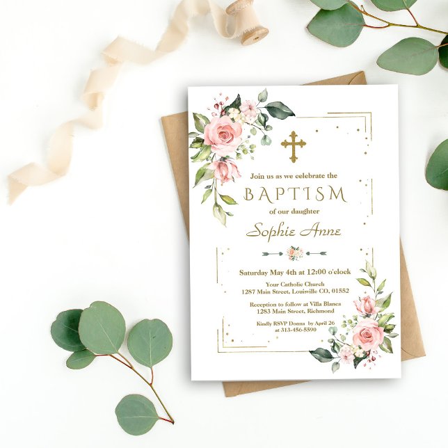 Delikat Rosa  blommor Guld Glitter-baptism Inbjudningar (baptism pink flowers gold confetti, trendy rose gold baptism invitation, modern gold floral invite)