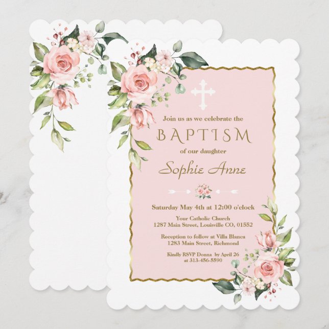 Delikat Rosa  blommor Kor Guld-baptism Inbjudningar (Fram/baksida)