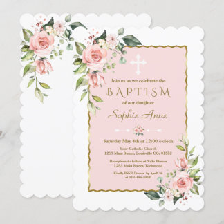 Delikat Rosa blommor Kor Guld-baptism Inbjudningar