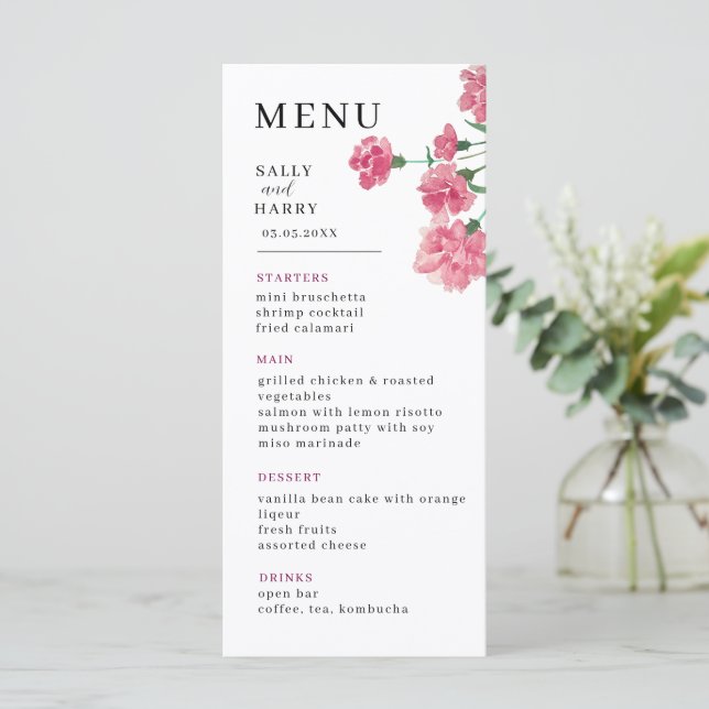 Delikat Rosa Flower Bröllop Meny (Stående Fram)