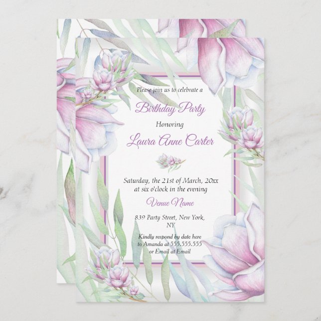 Delikat Rosa Lilac Blommigt Watercolor Birthday Inbjudningar (Fram/baksida)