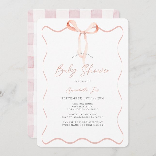 Delikat Rosa Ribbon Bow Girl Baby Shower Inbjudningar (Fram/baksida)