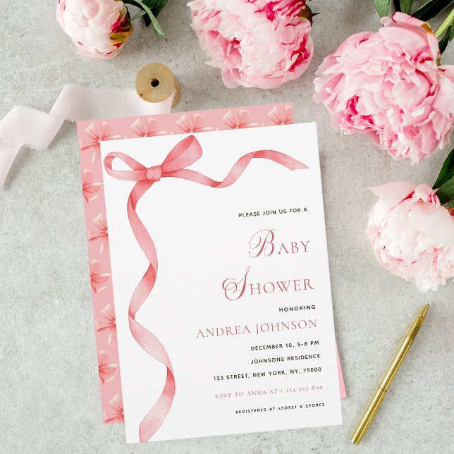 Delikat Rosa Ribbon Bow Modern Girl Baby Shower Spara Datumet (Skapare uppladdad)