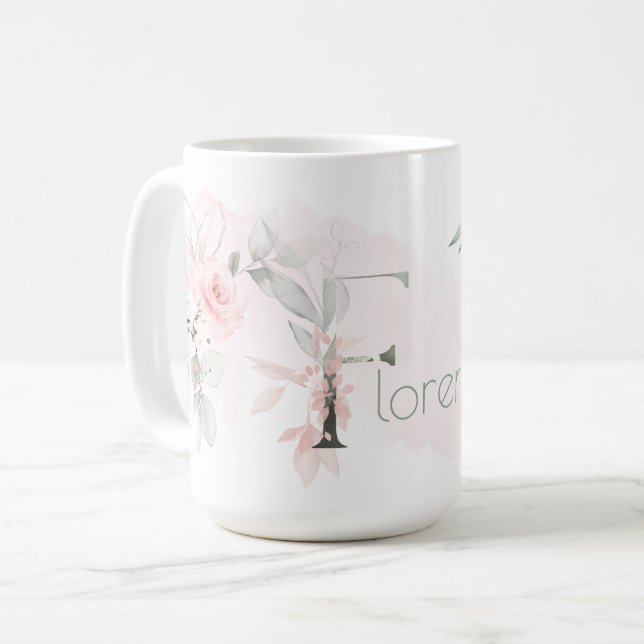 Delikat  Rosa ros Monogram Brev F Kaffemugg (Framsida vänster)