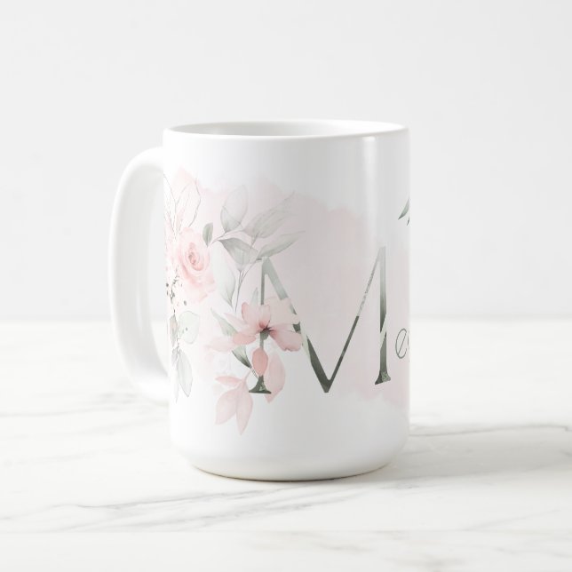 Delikat  Rosa ros Monogram Brev M Kaffemugg (Framsida vänster)