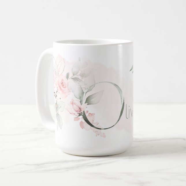 Delikat  Rosa ros Monogram Brev O Kaffemugg (Framsida vänster)