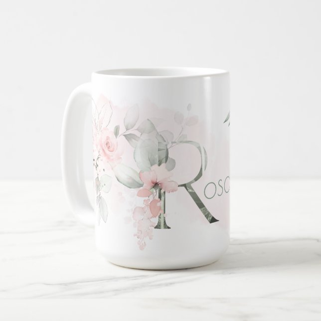Delikat  Rosa ros Monogram Brev R Kaffemugg (Framsida vänster)