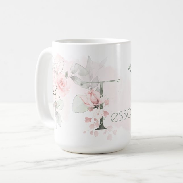 Delikat  Rosa ros Monogram Brev T Kaffemugg (Framsida vänster)