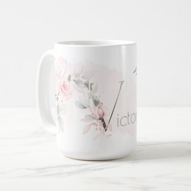 Delikat  Rosa ros Monogram Brev V Kaffemugg (Framsida vänster)