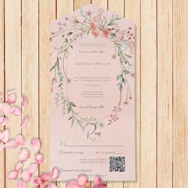 Delikat Rosa  Rustic Wildblommor QR-kod (Also available without a QR code; with or without dinner selection options.)