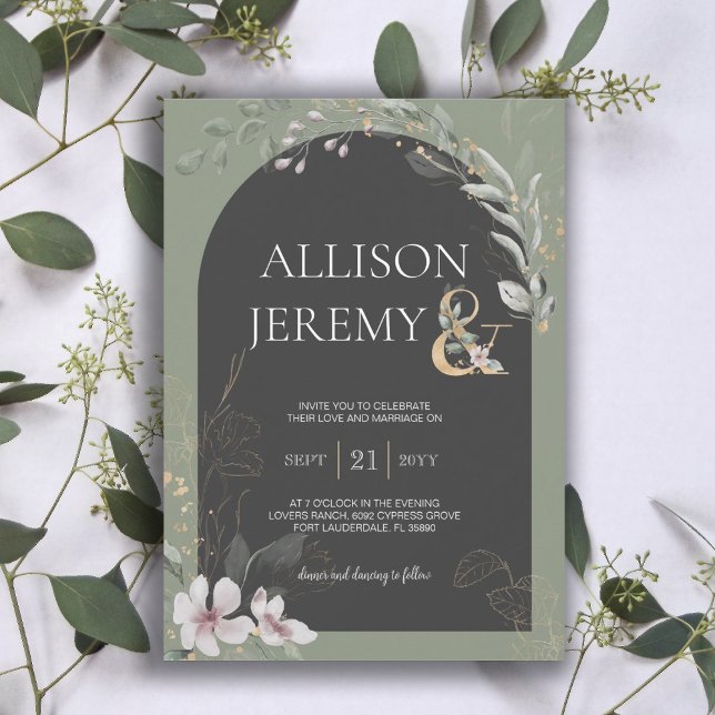Delikat SageGreen Botanical Blommigt Wedding-inbju Inbjudningar (Delicate Botanical Greenery Sage Green Charcoal Arch Wedding Invitation)
