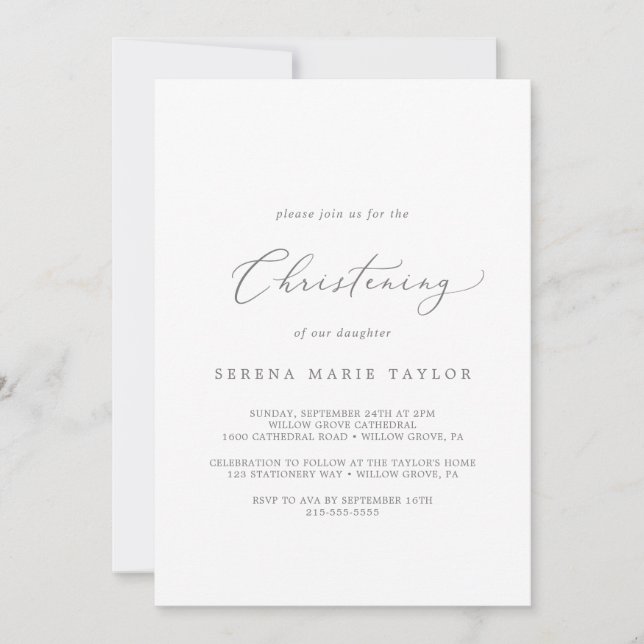 Delikat Silver Calligraphy Christening Inbjudningar (Framsida)