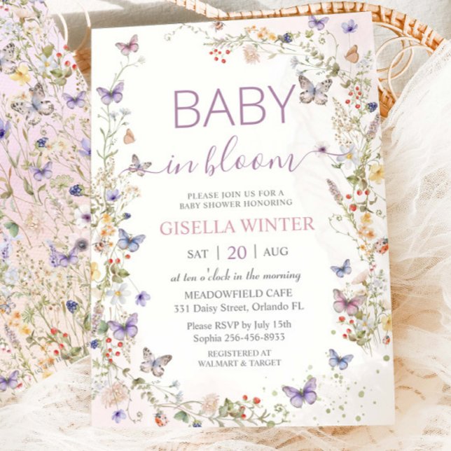Delikat Soft WildblommButterflies Baby i Bloom Inbjudningar (Skapare uppladdad)