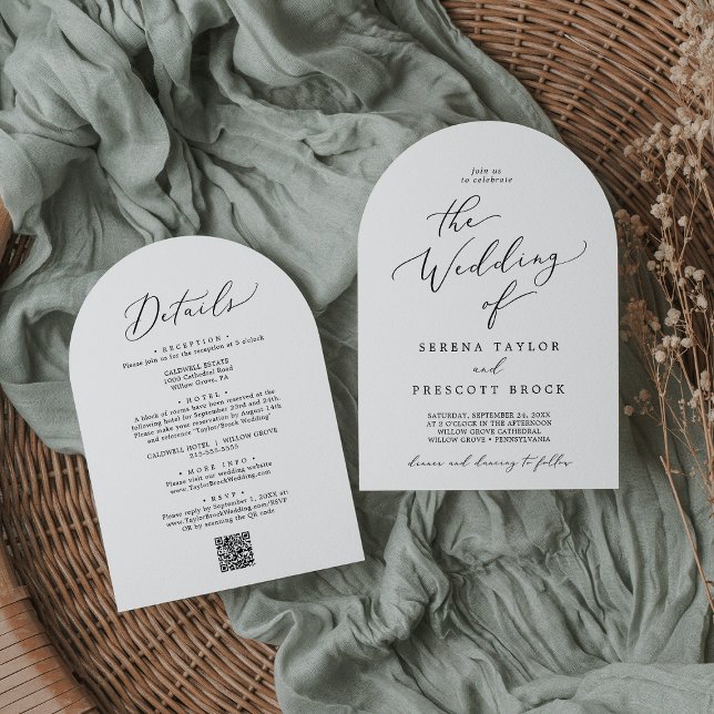 Delikat svart allt i en QR-kodsmatning Bröllop Inbjudningar (Delicate Black All In One QR Code Arch Wedding Invitation)