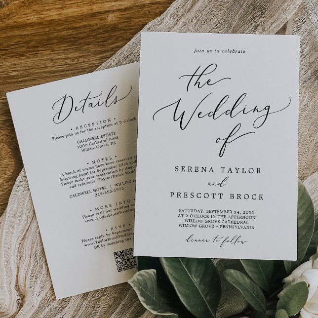 Delikat svart allt på en kl. 12.00 Bröllop Inbjudningar (Delicate Black All In One QR Dinner Wedding Invitation)