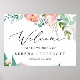Delikat svart Romantic Peony Bröllop Välkommen Poster