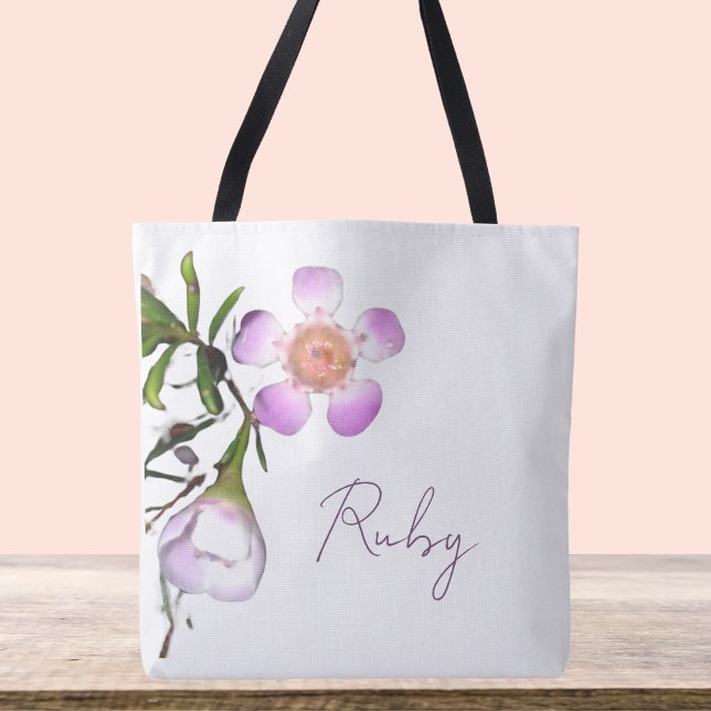 Delikat Vax blomma Bloom Tygkasse (Customizable wax flower design crossbody bag, shoulder tote with purple and white and green stem)