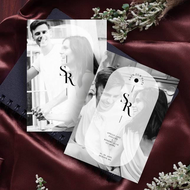 Delikat Vellum Transparens, svart vitt Initialer Spara Datumet (Delicate Vellum Transparency Elegant Black & White Wedding Initials 2 Photos Save the Date Card.)