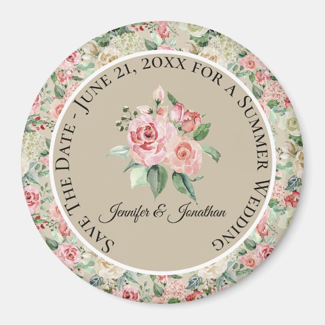 Delikat Victorias Rosa Blommigt Bröllop Magnet (Framsidan)
