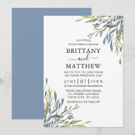 Delikat Watercolor Greenery Bröllop Dusty Blue Inbjudningar