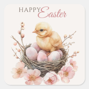 Delikat Watercolor Påsk Nest Egg & Chick Brunch Fyrkantigt Klistermärke