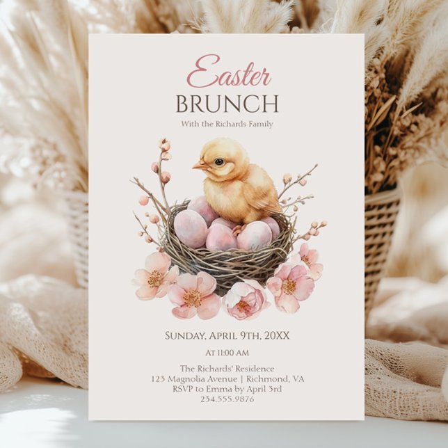 Delikat Watercolor Påsk Nest Egg & Chick Brunch Inbjudningar (Skapare uppladdad)