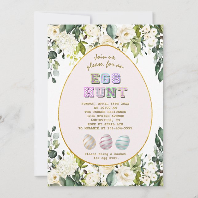 Delikat White Cream Flowers Guld Egg Hunt Påsk Inbjudningar (Framsida)