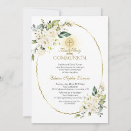 Delikat White Flowers Guld First Heliga Communion Inbjudningar