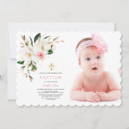 Delikat White Magnolia Photo Girl Baptism Inbjudningar