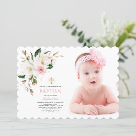 Delikat White Magnolia Photo Girl Baptism Inbjudningar
