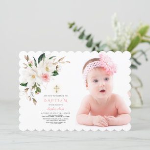 Delikat White Magnolia Photo Girl Baptism Inbjudningar