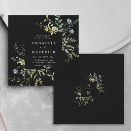 Delikat Wildblomme Modern Boho Bröllop Black Inbjudningar