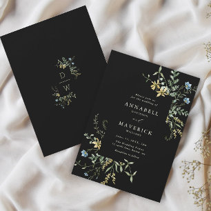 Delikat Wildblomme Modern Boho Bröllop Black Inbjudningar