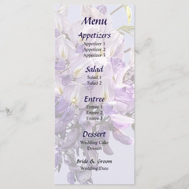 Delikat Wisteria Bröllop Menu Meny (Framsida)