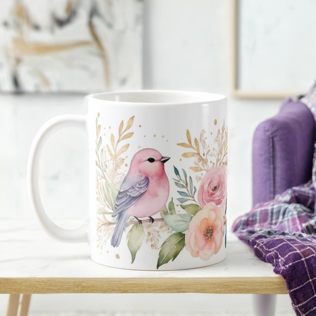 Delikata Pastel Birds och Glitter Blommigt Kaffemugg (Skapare uppladdad)