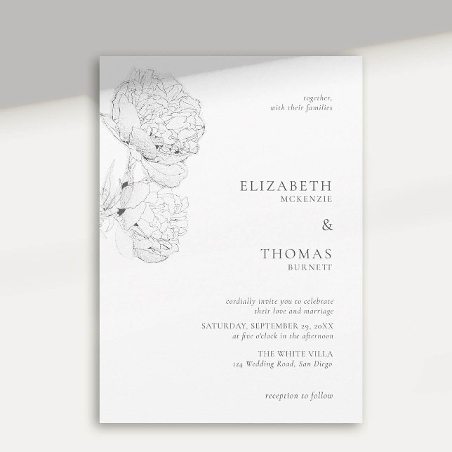 Delikata Peonies Bläck Black White Elegant bröllop Inbjudningar (peony wedding invitation large blooms ink sketch black white formal elegant modern classic)