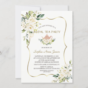Delikata vita blommor Guld Möhippa Tea Party Inbjudningar