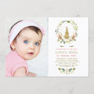Delikata vita blommor Guld Unicorn Photo Birthday Inbjudningar
