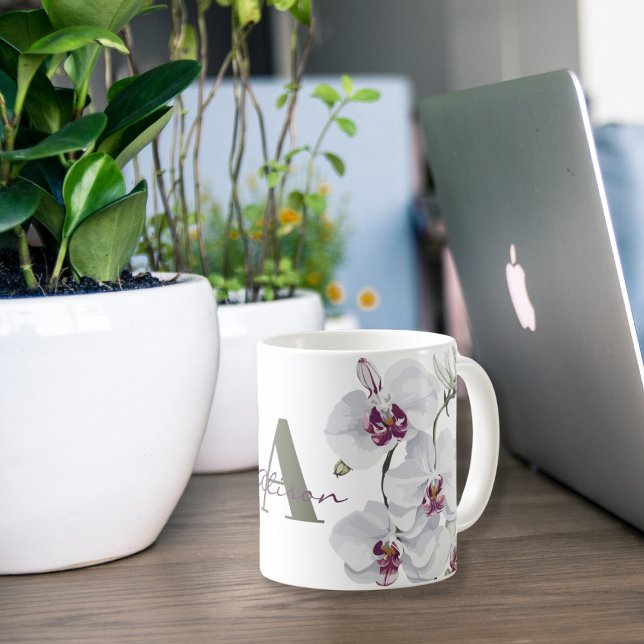 Delikata vita, orchid Flowers Monogram Kaffemugg (Skapare uppladdad)