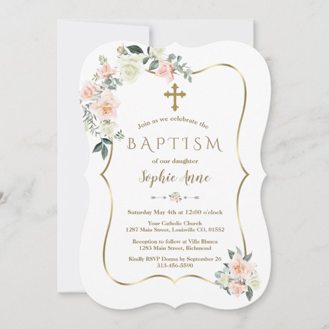 Delikata  vitblommor Guld Girl Baptism Inbjudningar (Framsida)