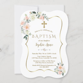 Delikata vitblommor Guld Girl Baptism Inbjudningar