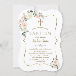 Delikata vitblommor Guld Girl Baptism Inbjudningar