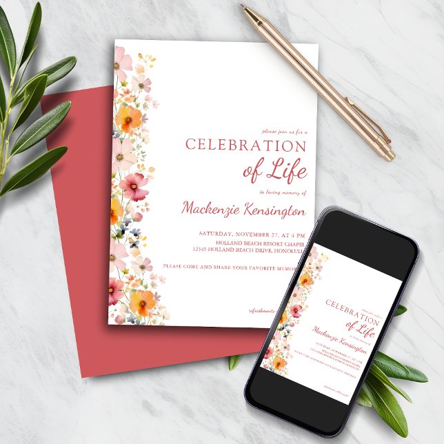 DelikatWatercolor Wildblommor Firande i Life Inbjudningar (Delicate Watercolor Wildflowers Celebration of Life Memorial Service Invitation)