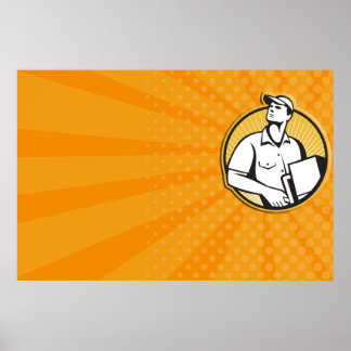 Delivery Man trycker på dolly med Carton Retro Poster